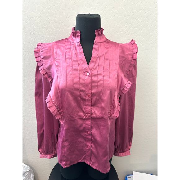 CALLIGRAPHIE | Ruffle Trim Satin Blouse Magenta Pink Victorian Style NWT Medium - Picture 2 of 7
